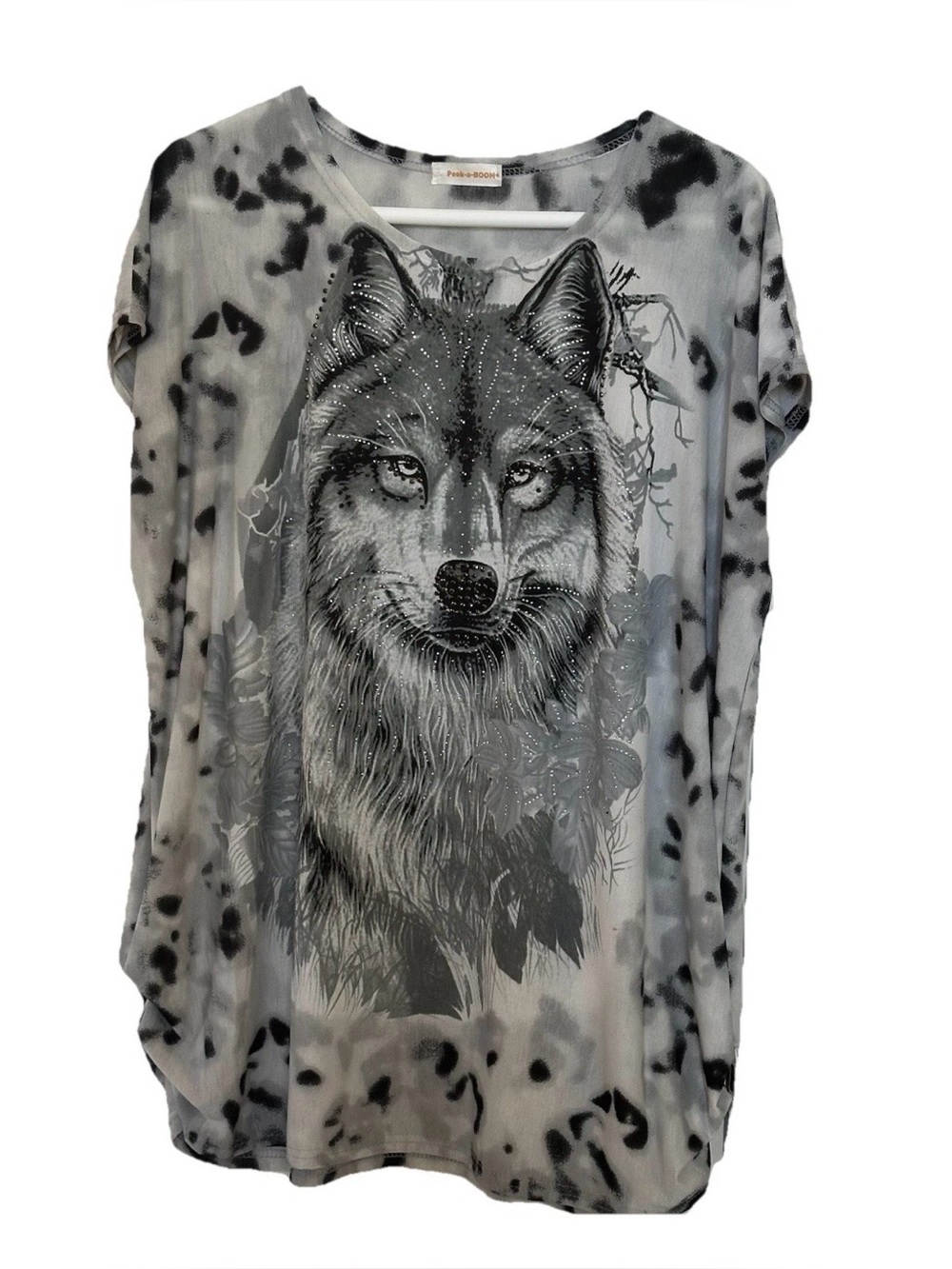 Y2K Oversized Wolf Tunic Blouse-Rhinestones Leopard-1X-Boho Goth Indie **Read